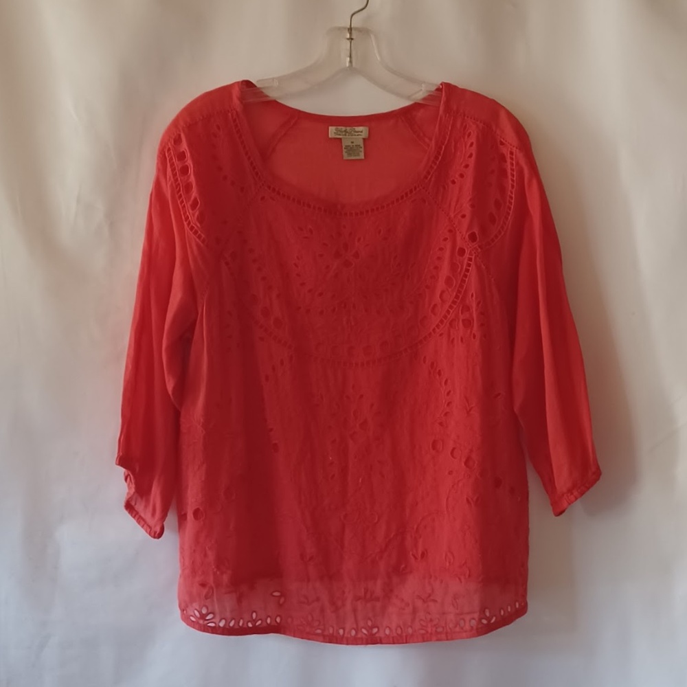 Lucky Brand Orange Embroidered Eyelet Peasant Blouse Top Cotton 3/4 Sleeves M